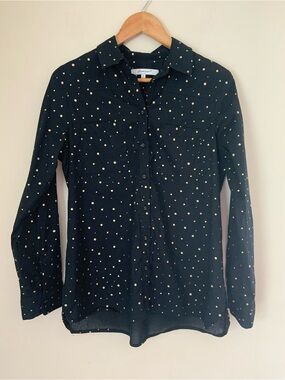 Foxcroft Black Gold Polka Dot Print Cotton Button Down Shirt 8